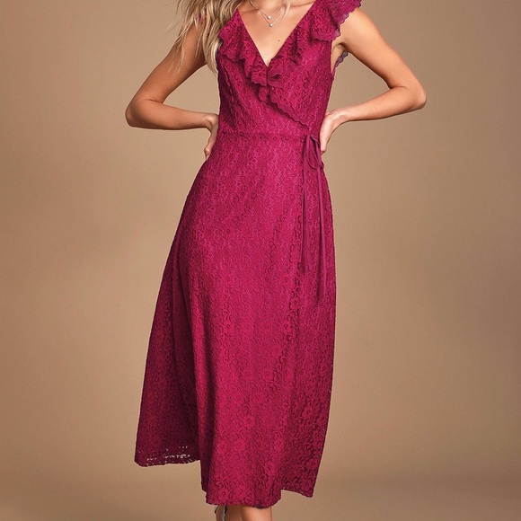Lulus Dresses & Skirts - Lulus Magenta Lace Midi Length Wrap Dress Large